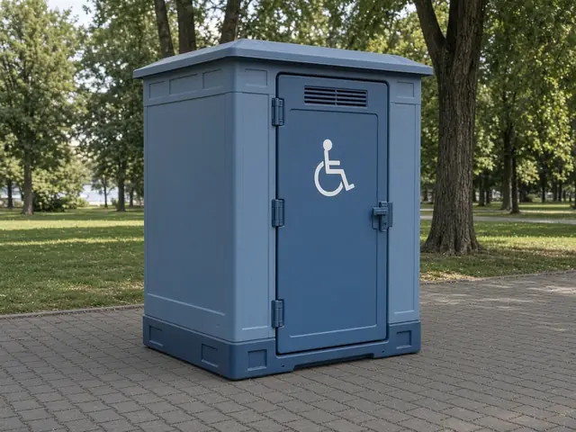 A wide accessible portable toilet marked with a wheelchair symbol
