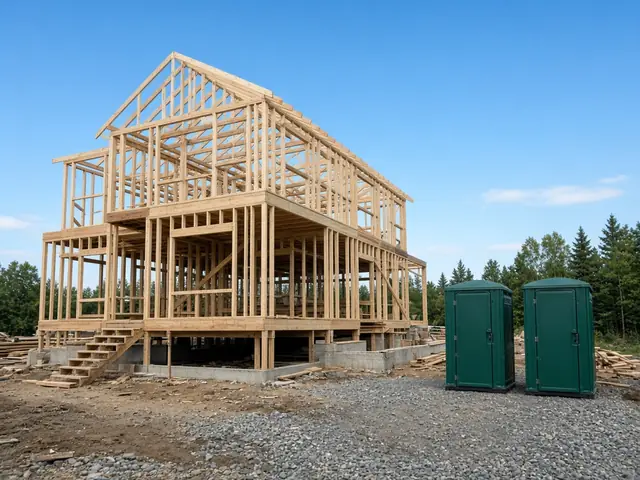 Wood-framed house under construction with two green portable toilets nearby