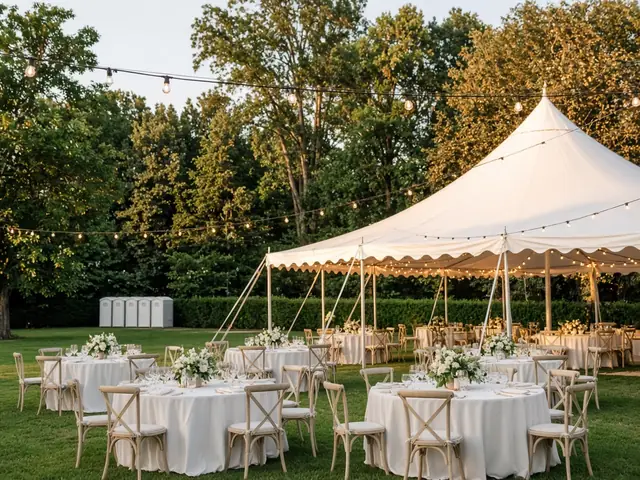 Backyard tent set up for a wedding, with portable toilets placed discreetly in the background