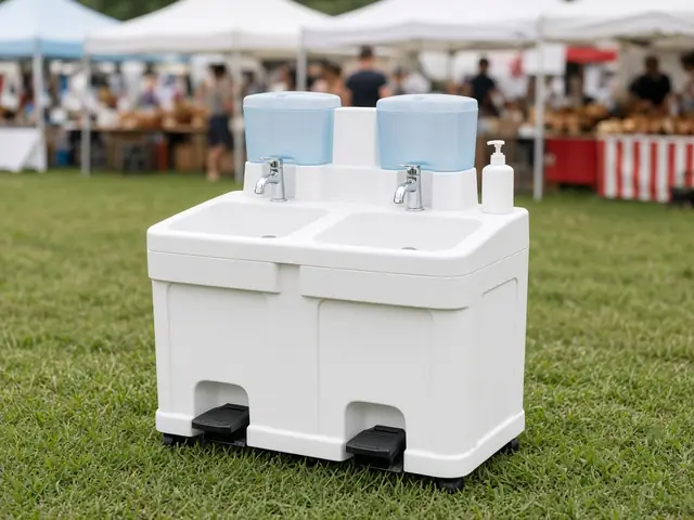 A two-sink portable handwashing station set up at an outdoor market