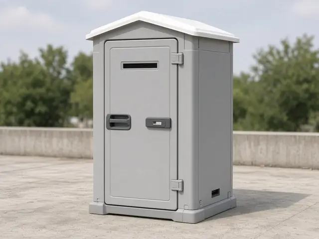 A single grey portable toilet standing outdoors